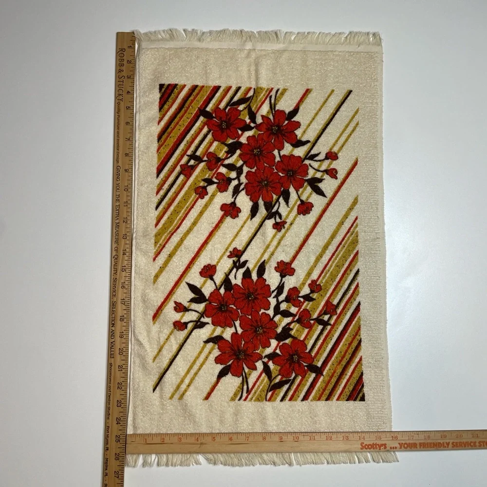 Vintage MCM Cannon Floral Stripe Hand Towels Set of 6 Fringe Cotton USA Made